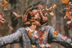 a woman tossing leaves towards you