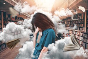 a woman overwhelmed by many books around her